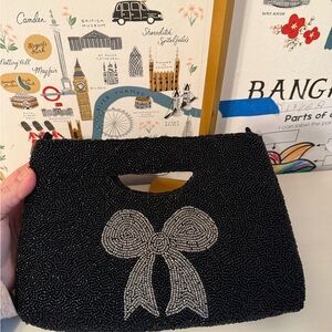 Rachel Zoe Black Beaded Clutch‎ Handbag Silver Bow Evening Bag Cutout Handle